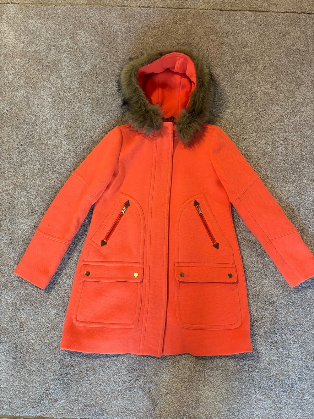 J. Crew Orange Hooded Trench Coat with Faux Fur Trim